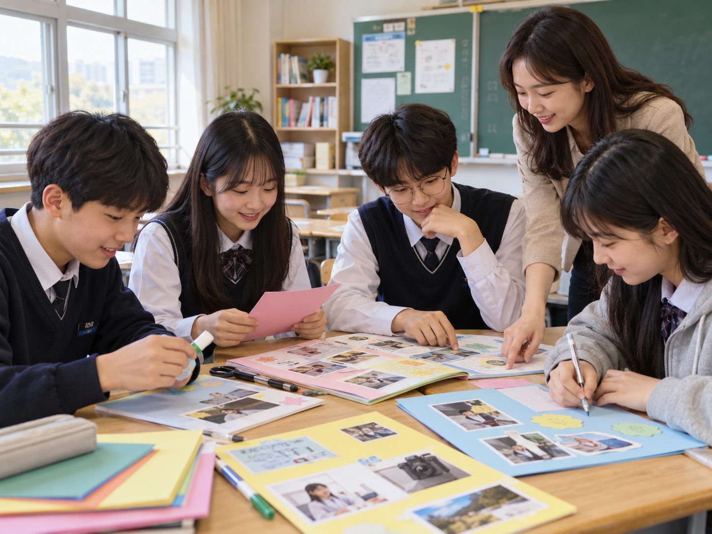 학생들이 진로 탐색 책자를 함께 만드는 교육 활동 연출 이미지