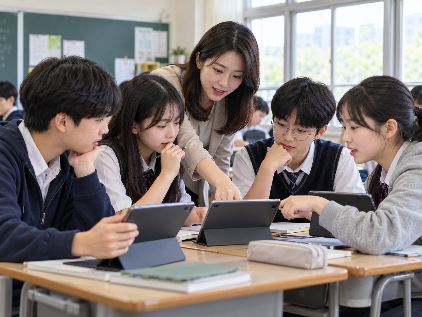 강사와 학생들이 태블릿의 정보를 함께 살펴보는 교육 활동 연출 이미지